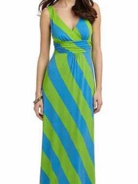 Lilly Pulitzer Striped Blue and Green V-Neck Maxi Dress